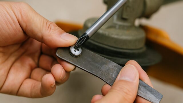草刈機の金属部品に対してネジを締めている人物の手元のクローズアップ