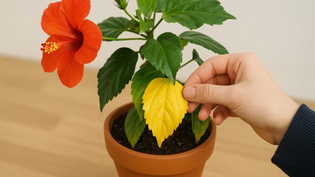 鉢植えのハイビスカスを室内で手入れしている様子。黄色くなった葉を指でそっと持ち、状態を確認している。