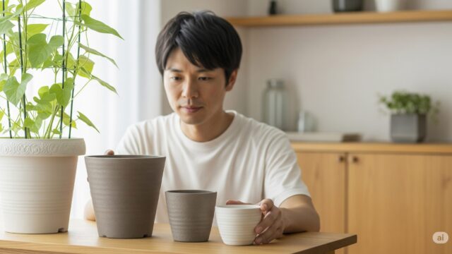 日本人が朝顔のプランターを選んでいる様子。サイズの違いがわかるように比較されています。