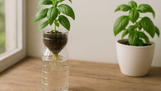 ペットボトルを再利用した容器にバジルの苗を植えた水耕栽培の様子。透明なボトルの中で根が水に浸かっているのが見える。