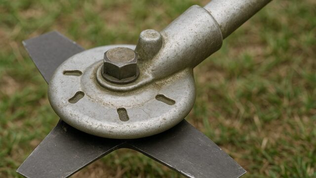 草刈機の刃を押さえる金具部分のクローズアップ写真