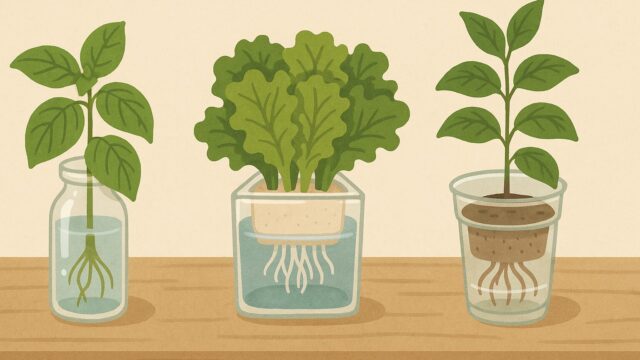 透明な容器にそれぞれ植えられたバジル、リーフレタス、ミントが水耕栽培されているシンプルな室内風景。テーブルの上に整然と並び、背景はやわらかいベージュ色の壁。