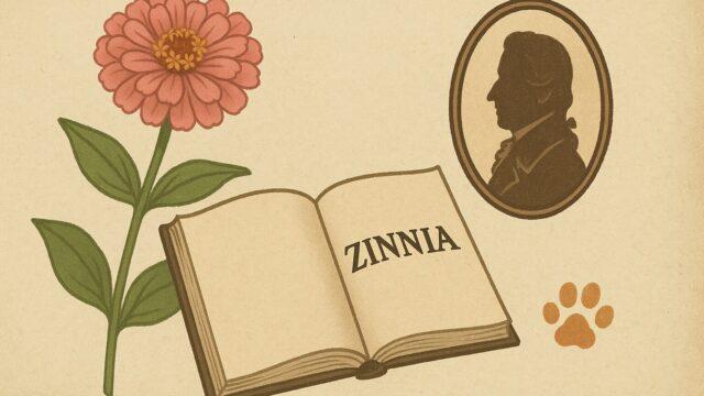 ピンクの百日草の花、開いた古書、ジニアと書かれたページ、そして横にクラシックな男性の肖像シルエットが並ぶヴィンテージ風の画像。