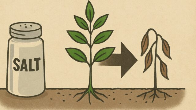 ベージュ背景に塩の容器、健康な緑の植物、そして枯れた茶色い植物が順に並んで描かれ、矢印で塩の影響を示している。