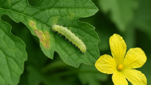 ゴーヤの葉の上を這う淡緑色の毛虫と、隣に咲く鮮やかな黄色い花の接写写真