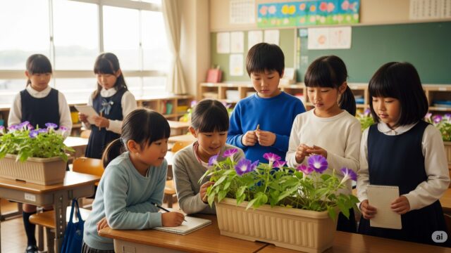 小学生たちが教室で朝顔のプランターを観察している様子。