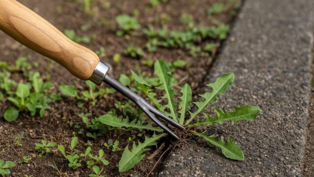 舗装された地面の隙間で雑草を抜く抜きフォークの接写