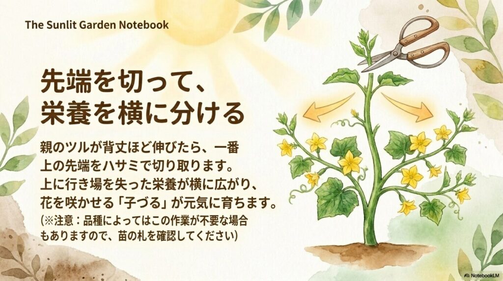先端を切って栄養を横に分ける摘心の解説。親づるの先端を切ることで、子づるに栄養を行き渡らせる方法。