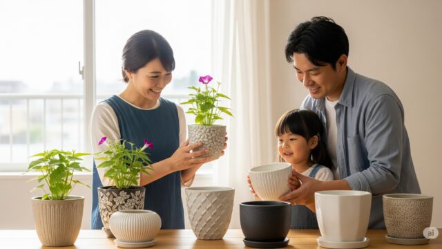 日本の家族が、自宅で朝顔のプランターを選んでいる様子。