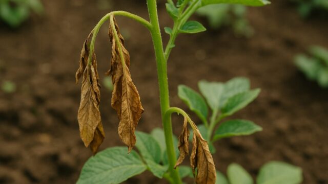 地面に植えられたじゃがいも植物の枯れた葉が、黄色くしおれた状態で垂れ下がっている様子を示すクローズアップ写真