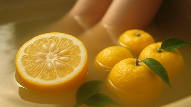 温かみのある湯に浮かぶ柚子の果実と半分にカットされた柚子。手前には果肉の断面が見え、奥には丸ごとの柚子が3つ浮かび、緑の葉がアクセントを添えている。湯の中に指が差し入れられており、背景はぼんやりとした温かいトーンで包まれている。