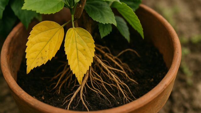 鉢植えの植物で、黄色くなった葉と鉢からはみ出す根が見える