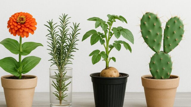 異なる種類の植物4種（ジニア、ローズマリー、ジャガイモ、ウチワサボテン）がそれぞれ鉢に植えられ、明るい背景のテーブル上に整列している