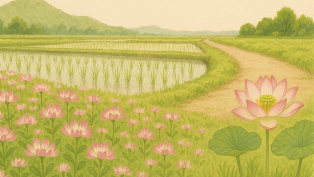 田んぼのそばにピンク色のレンゲの花が一面に咲き、奥には水田と整然と並ぶ稲の苗が見える。右下には蓮の花と葉も描かれ、緩やかな土道が田園風景の奥へと続いている。背景には柔らかな山並みと木々が広がる。