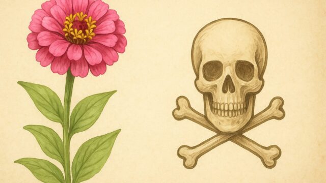 ピンク色の百日草とドクロのイラストが並んで描かれている、水彩風の植物画スタイルの画像