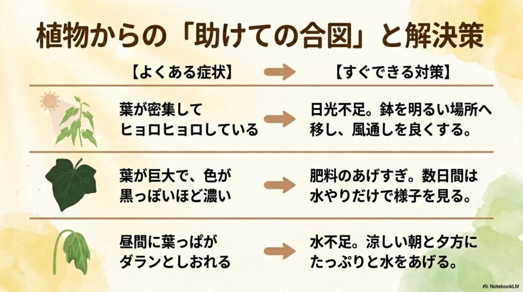葉を育てる栄養が多すぎて、花を咲かせる栄養が足りていない状態を示す天秤のイラスト。