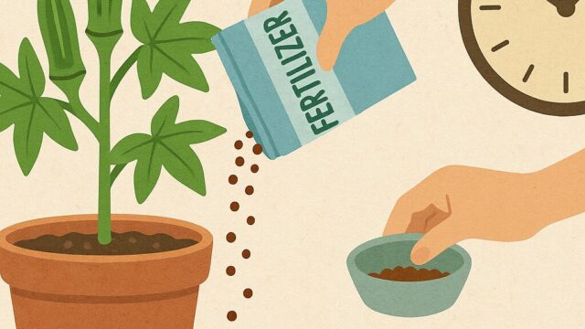 肥料を与えるタイミングを示すため、鉢植えのオクラに肥料を与える手と時計が描かれているイラスト