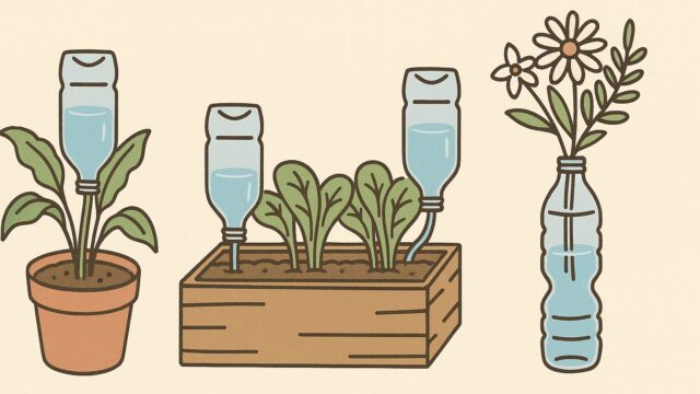 ペットボトルを使った3種類の水やり方法の図解。鉢植え、木製プランター、花瓶でペットボトルが給水装置として使われている。