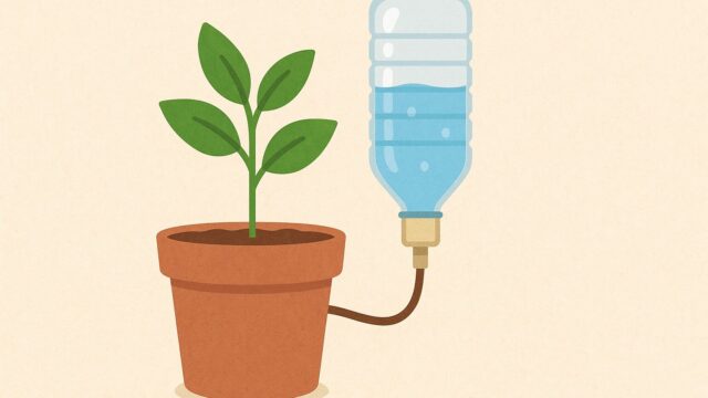 ペットボトルを使った自作の自動給水システムで植物に水を与えている様子