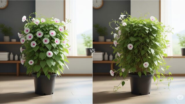 芽切りをした朝顔と、していない朝顔のプランターの比較。