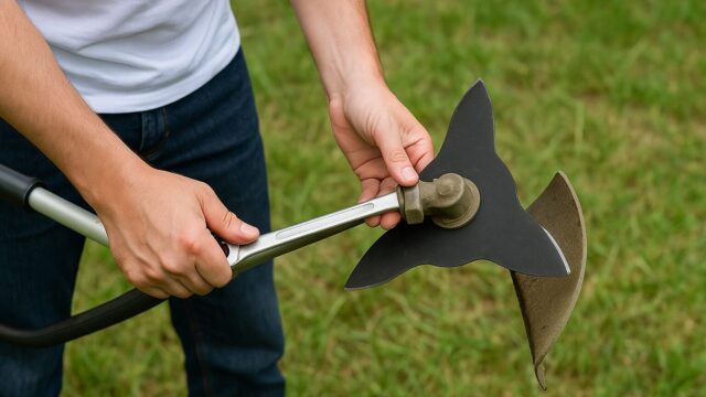 草刈り機の刃をレンチで外そうとしている人物の手元