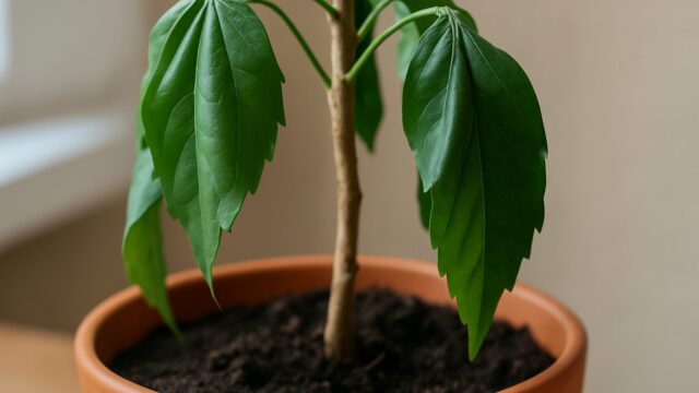鉢植えの植物の葉が下向きに垂れ下がっている様子のクローズアップ