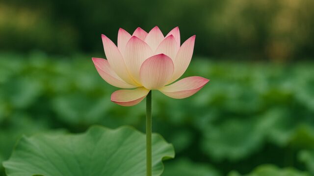 静かな池の中で咲く一輪のピンクと白の蓮華の花。背景には緑色の葉が広がり、やわらかな光に包まれている。