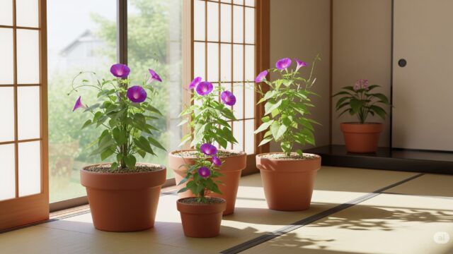 日本の家で、鉢植えで朝顔を育てる際に重要な要素（適切な鉢のサイズ、水はけの良い土、十分な日光など）を示した画像。