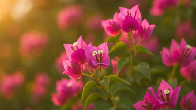 満開のブーゲンビリアの花が夕陽に照らされている様子