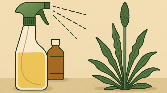 ベージュの背景に、左側に黄色い液体が入ったスプレーボトルと茶色の小瓶、右側にはスギナのような広葉雑草が描かれている。スプレーボトルから液体が雑草に向かって噴射されている様子。