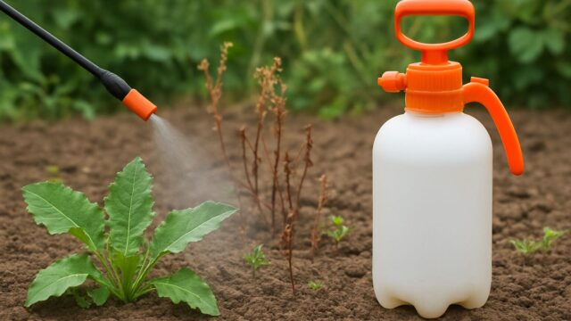 ガーデンの土に除草剤をスプレーで噴霧している様子。土の表面には雑草が生えかけており、手前に白いスプレーボトルが置かれている。