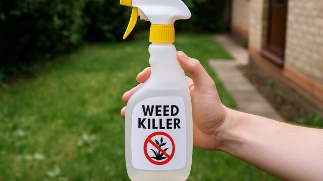 住宅の庭で除草剤スプレーボトルを持つ人物の手元を写した写真。背景には芝生と家屋が見える。