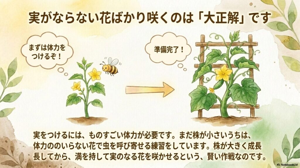 実がならない雄花ばかり咲くのは「大正解」。株が小さいうちに虫を呼び寄せる準備をしている賢い戦略であるという説明。