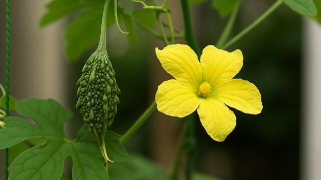 ゴーヤの雌花と若い果実が並んで育つ様子を写した接写写真。緑の葉に囲まれた黄色い花が鮮やかに咲いている。