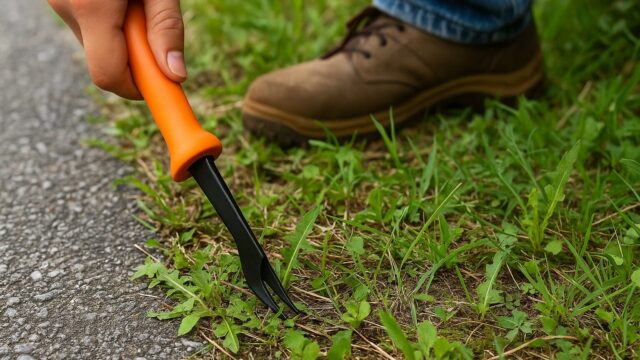 雑草カッターで舗装道の縁の草を手作業で切り取っている様子