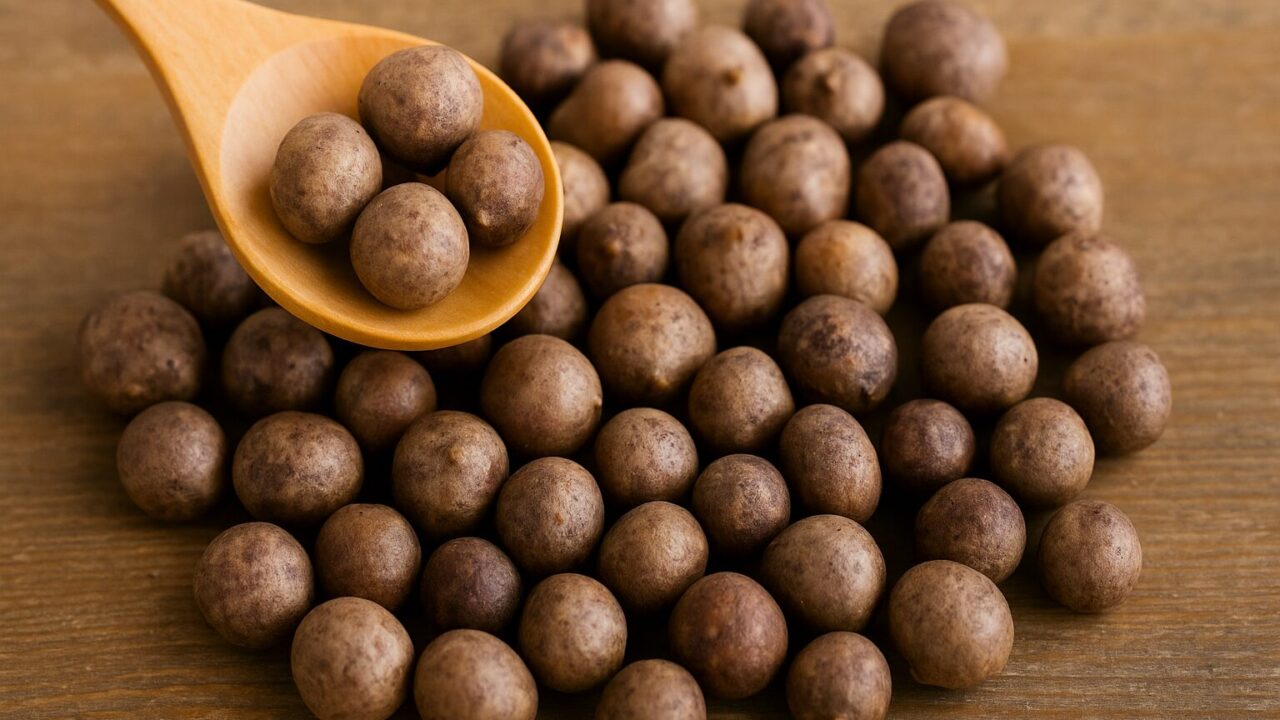 木のスプーンに乗せられたむかごと、木製のテーブルに広がる多数のむかごが並ぶ、素朴な食材の写真