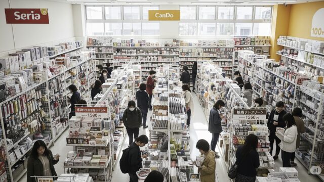 様々な形状の鉢底ネットが並ぶ100円ショップ、セリアとキャンドゥの園芸用品コーナーの写真。円錐型や平型のネットがパッケージに入って陳列されており、手軽に園芸用品を揃えられる様子が伝わる。