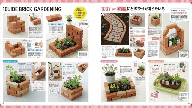 100円ショップで見つけたものを使ったレンガガーデニングの詳細なガイドで、小規模なレンガの庭のためのさまざまなテクニックと創造的なアイデアを紹介しています。ミニレンガの壁の作り方、小さなレンガで小道を作る方法、花壇用の魅力的なレンガの境界線のデザイン、100円ショップの鉢やプランターの組み込み、小さな容器やトレイなどのアイテムを再利用してレンガ構造内にミニ庭園を作る方法など、詳細な説明とイラスト付きのDIYプロジェクトを特集しています。