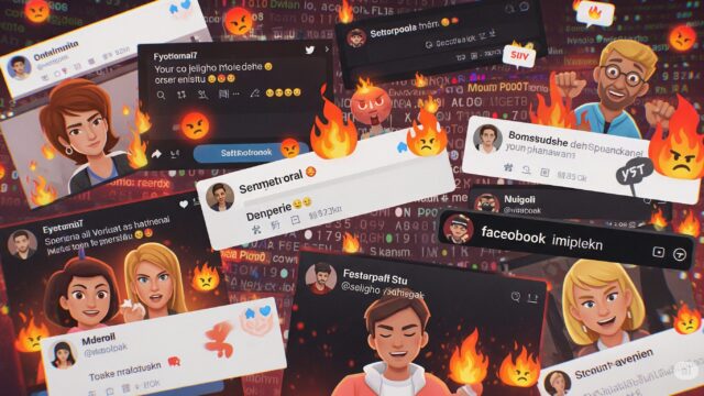 TwitterやFacebookなどのさまざまなソーシャルメディアプラットフォームをフィーチャーした、ソーシャルメディアの炎上を描いた混沌とした活気に満ちた画像。 さまざまなアバターを持つユーザーが、怒りの絵文字、侮辱、攻撃的なコメントでいっぱいの、激しいオンライン議論を行っています。 背景は点滅する通知で埋め尽くされており、オンライン議論の緊急性と激しさを強調しています。 この画像は、サイバーパンクデザインを彷彿とさせる美学で、さまざまなフォントでさまざまな言語のコメントの組み合わせなど、オンラインディスカッションの生々しい感情と有害性を示しています。 彩度の高い色と歪んだ視点を使用することで、ソーシャルメディアの炎上の激しい性質を模倣した、不安と熱狂の感覚が生み出されます。