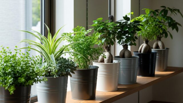 現代的な【日本人】の家にある棚に置かれた、さまざまな植物が入ったおしゃれに配置されたブリキ鉢のセット。