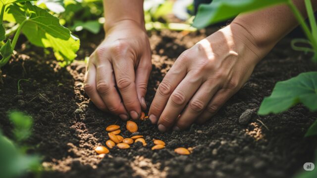 かぼちゃの種を土に植えている人の手のクローズアップ。種は鮮やかなオレンジブラウン色で、土の色とコントラストをなしています。希望と期待に満ちた、新しい季節の始まりを感じさせるイメージです。