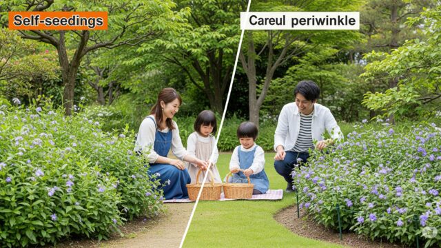 日本の家族（母親、父親、子供二人）が穏やかな庭で、ニチニチソウの成長の対照的な効果を示している16:9の写真です。庭の一方の側は、こぼれ種による生育の課題を示しており、密集して生い茂ったニチニチソウが、通路や他の植物を覆い隠している可能性があります。庭のもう一方の側は、注意深い管理の利点を示しており、デザインにきちんと統合された、健全で手入れの行き届いた景観が特徴です。