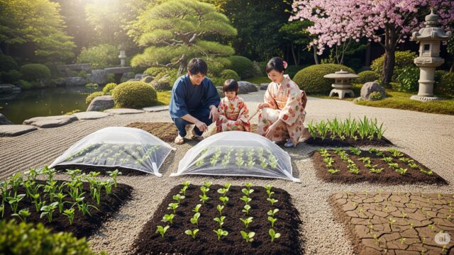 日本の家族（父親、母親、子供）が、美しい家庭菜園で種子の発芽条件の違いを示しています。ある区画は保護用の土で覆われ、別の区画は明るい日光にさらされています。また、ある区画は暗くて湿った土で満たされ、別の区画は乾燥してひび割れています。背景には、若い苗から桜の木まで、さまざまな植物が植えられています。庭は小さな池、砂利道、石灯籠などの伝統的な日本の要素で囲まれています。家族は伝統的な日本の服装を着て、温かく親しみやすい表情をしています。