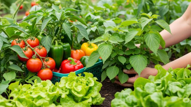 しそと他の野菜が豊かに育つ成功した家庭菜園の様子。