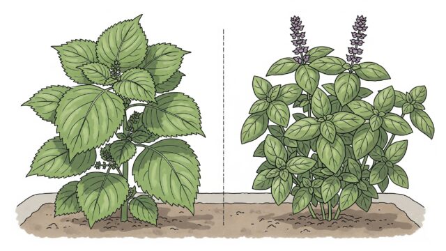 プランターに十分な間隔を空けて植えられたしそとバジルのイラスト。