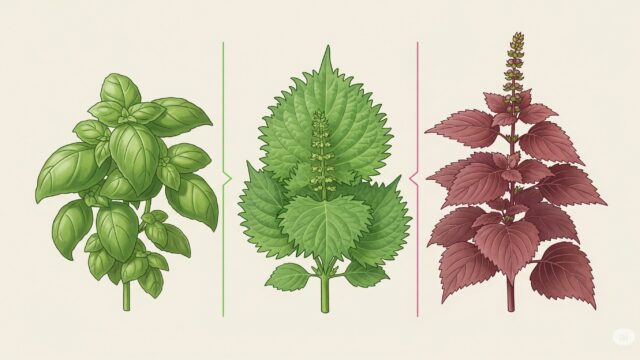 青シソの隣に赤シソとバジルが植えられているが、間に境界線があるイラスト。