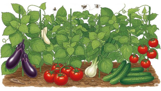 しそがナス、トマト、キュウリなどと一緒に植えられた家庭菜園のイラスト。