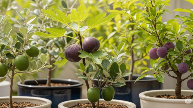 フェイジョア、イチジク、ユスラウメなど、鉢植えで育つ手間のかからない果樹のイメージ。それぞれの果実の特徴がわかるように、色や形が鮮やかに描かれている。