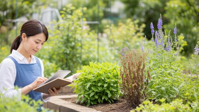 柔らかい自然光が差し込む穏やかな家庭の庭の風景。日本の女性が、鮮やかな花を咲かせるベロニカ オックスフォードブルーについて、デジタルタブレットか使い古された園芸本を注意深く調べています。彼女はシンプルで快適な園芸服を着ており、優しく集中した表情をしています。背景には、庭で育つ多様な植物のコレクションが明らかにされています。活気に満ちた健康な緑の葉は、手入れ不足や害虫のために苦労していると思われる、いくつかの病弱な植物と並置されています。さまざまな質感と色が構図に深みを加え、土壌の豊かな色調と咲き誇る花の鮮やかな色合いが、葉の落ち着いた緑色の中で際立っています。庭は、庭師の注意深い配慮と育成の証であり、植物の手入れの課題と勝利を強調しています。