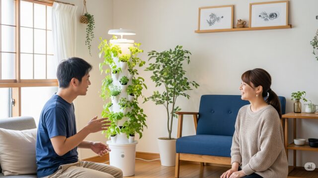 家庭でタワー型プランターのQ&Aを話し合う日本人男女